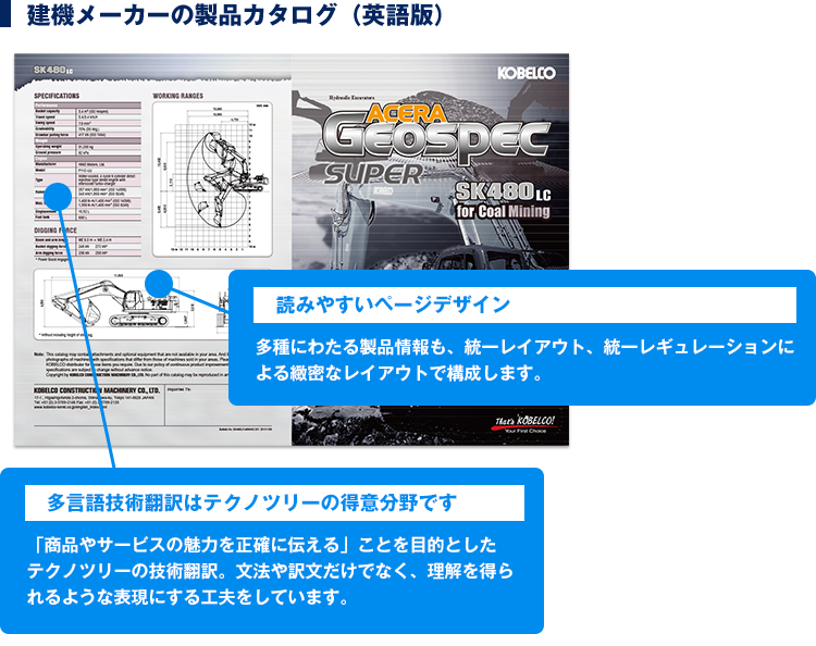 建機メーカーの製品カタログ。読みやすいページデザイン。多種にわたる製品情報も、統一レイアウト、統一レギュレーションによる緻密なレイアウトで構成します。多言語技術翻訳はテクノツリーの得意分野です。商品やサービスの魅力を正確に伝えることを目的としたテクノツリーの技術翻訳。文法や訳文だけでなく、理解を得られるような表現に工夫をしています。