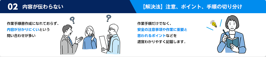 作業手順書作成になれておらず、内容が分かりにくいが、製品の仕様や詳細に関する疑問が
あった際に、セールスマニュアルに記載しておけばすぐに回答でき、スピーディに営業活動を進めらる。