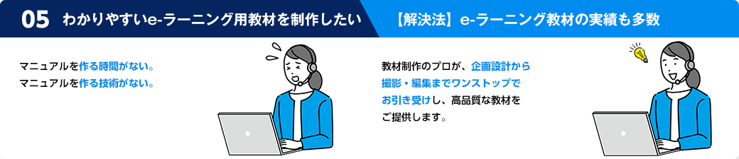 わかりやすいe-ラーニング用教材を制作したい。解決法は、e-ラーニング教材の実績も豊富です。